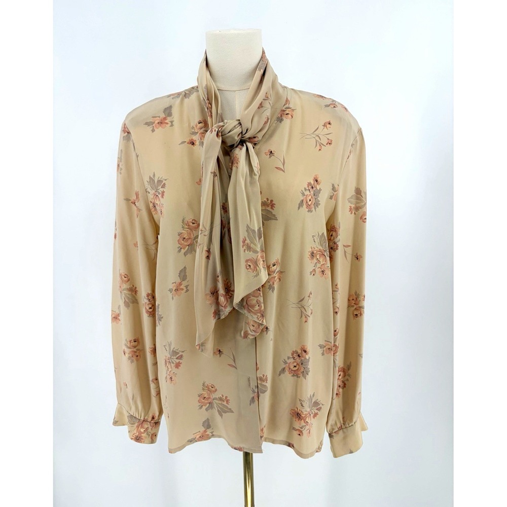 VIntage Silk Chiffon Floral Tie Neck Button Blouse Size 4 Beige Cottagecore